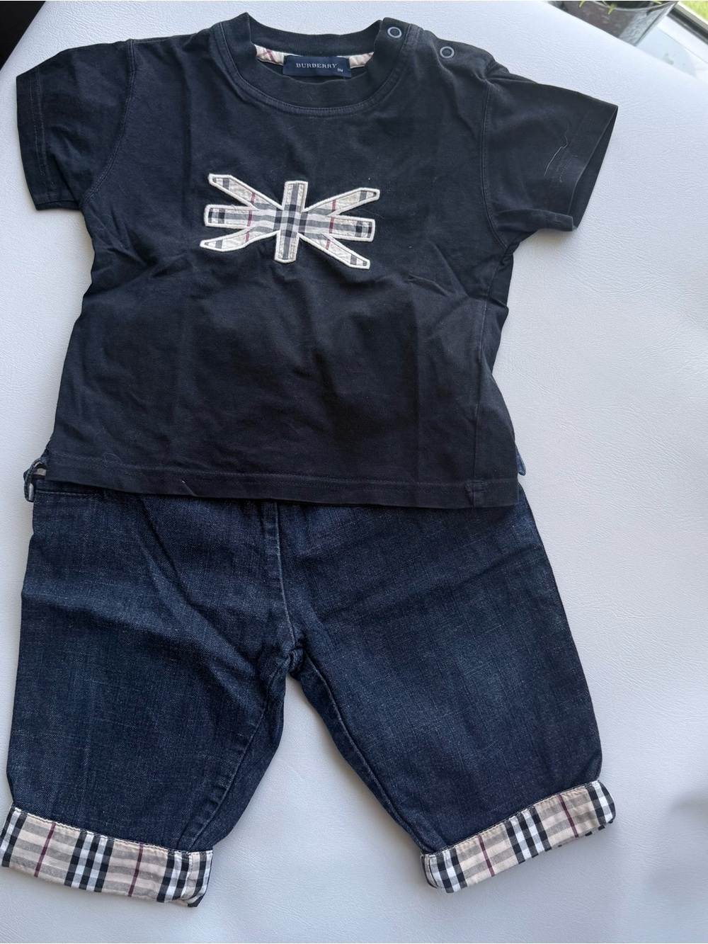 Burberry Baby kid set top shirt flag + pants elastic jean 6/9 months blue